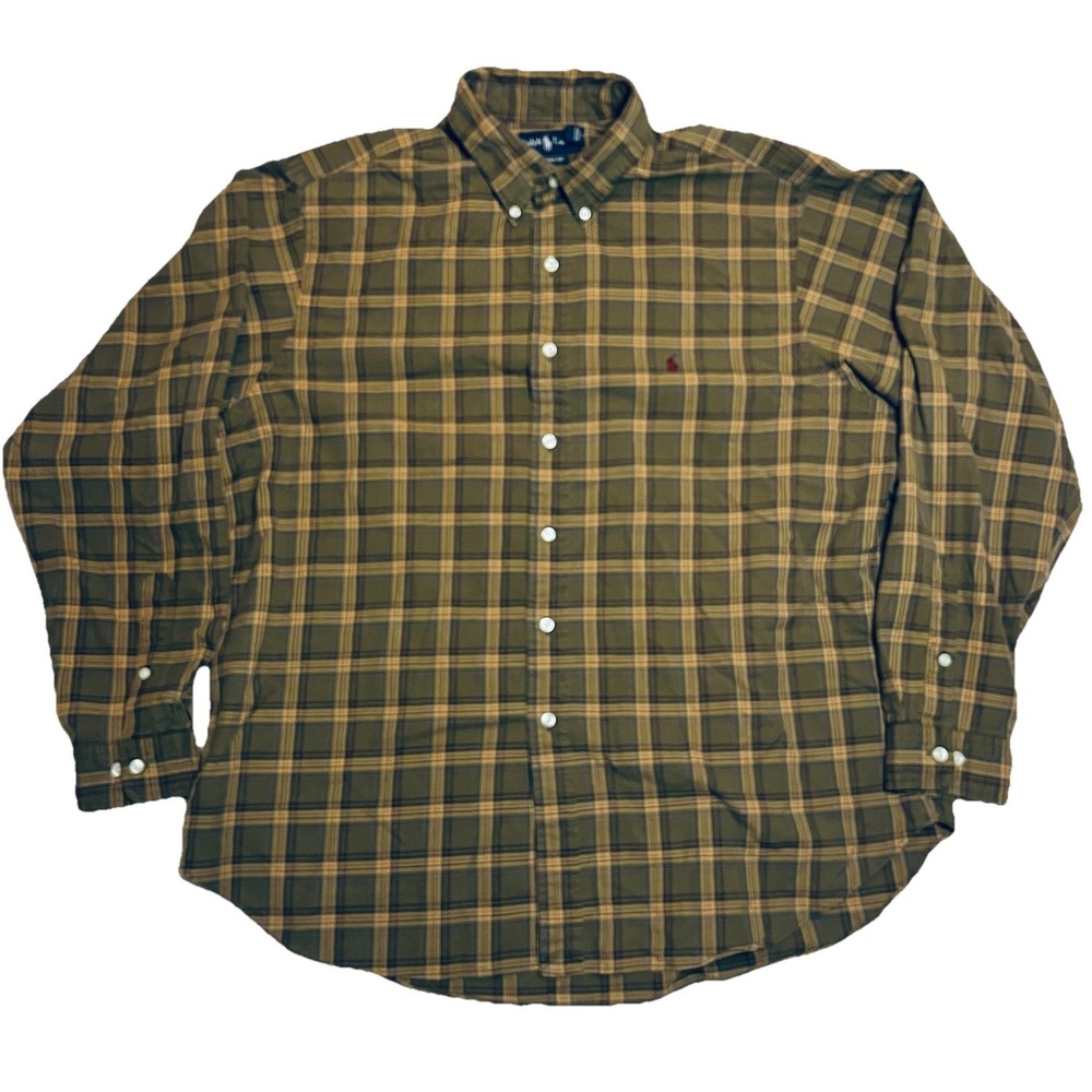 Polo Ralph Lauren Mens XXL Classic Fit Shirt Plaid Olive Green Brown Pony Button